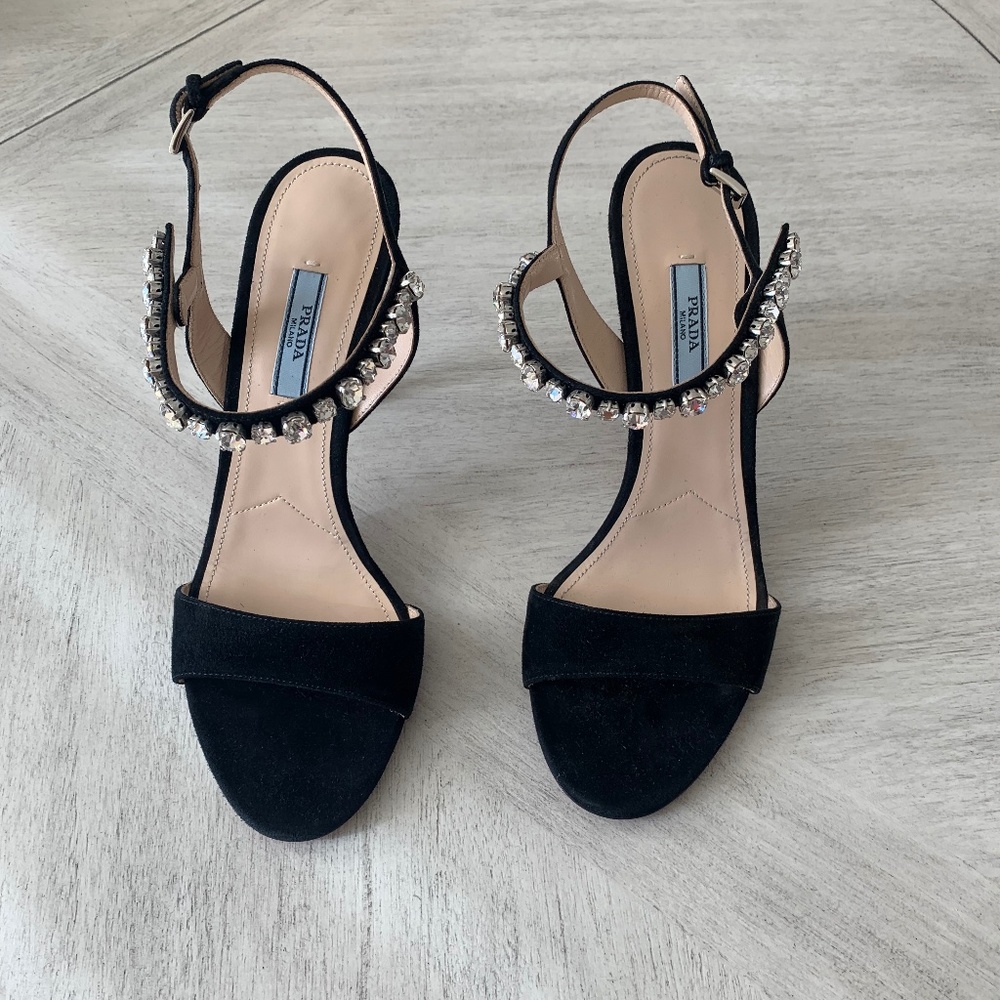 NWOB Prada Black/Rhinestone Suede Leather Sandals sz 38.5
